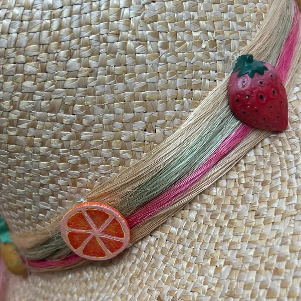 Woven Straw Hat with Fruit Details, Wide Brim Perfect for a Hot Day at the Beach